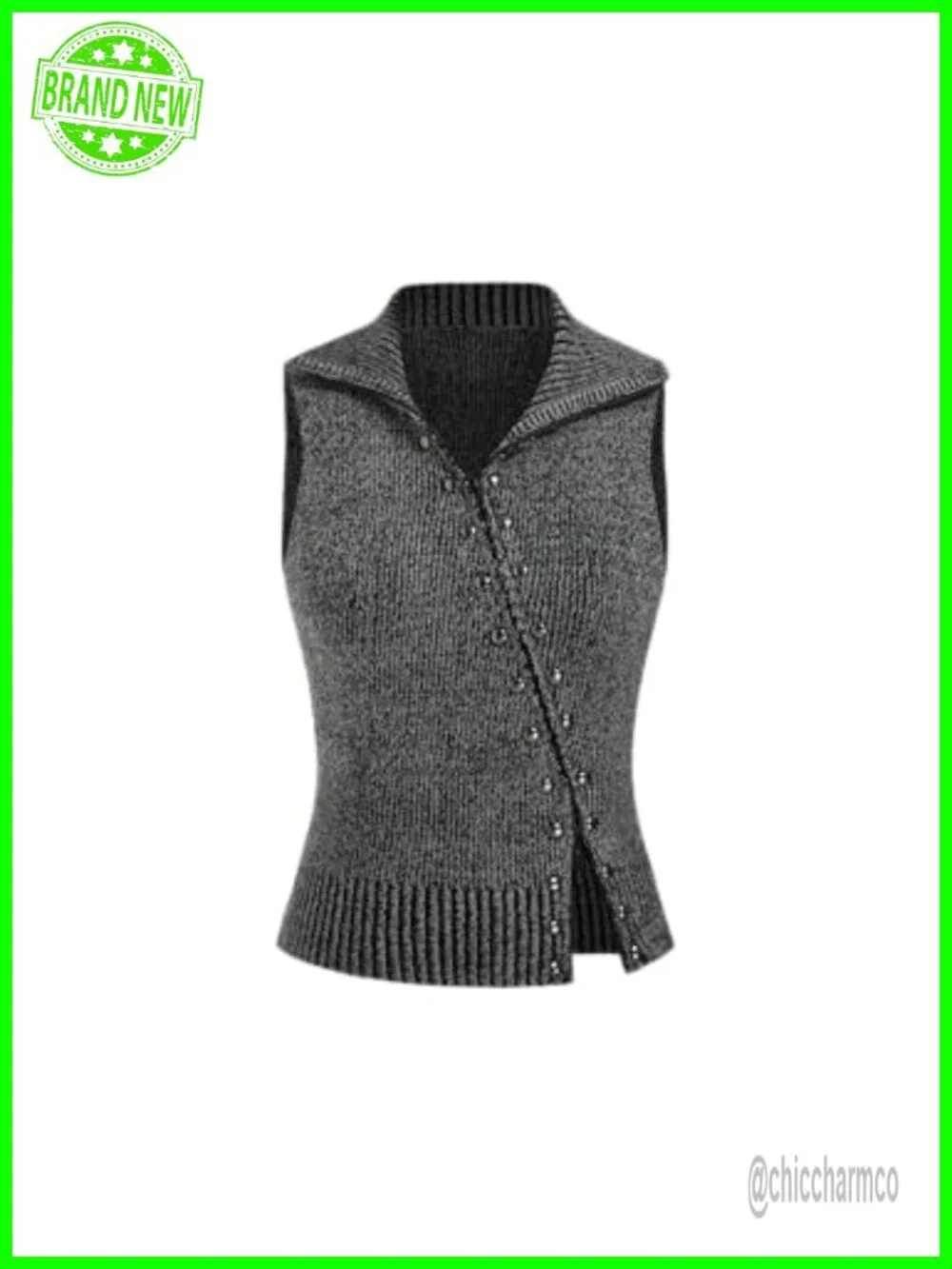 Women's Cropped Sweater Vest Rivet Sleeveless Turtleneck Zip Up Cardigan